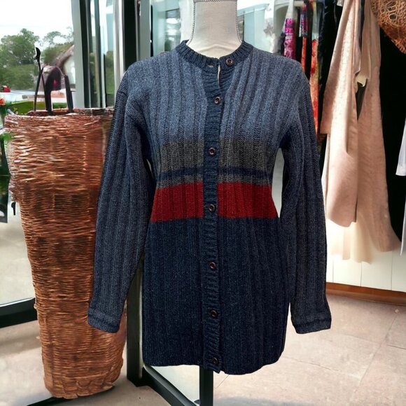 Mac & Jac Gray & Blue Striped Rib Knit Wool Cardigan Sweater Coat Size Small - Picture 2 of 10
